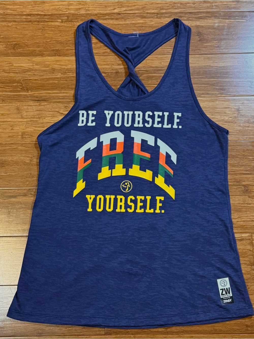 Zumba Fitness ‘Be Yourself, Free Yourself' Navy Twist Racerback Tank Tank Small